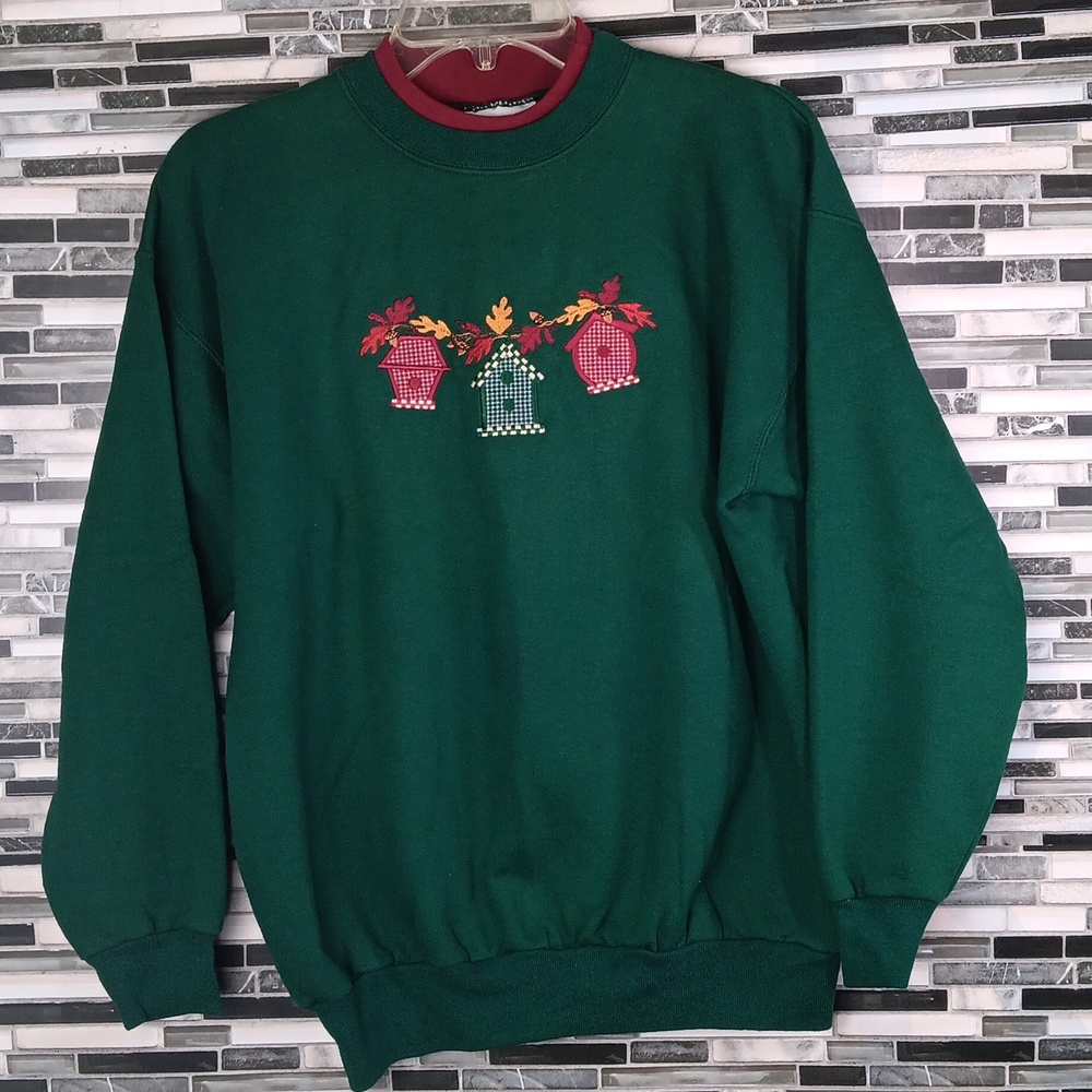 Vintage USA Green Sweatshirt M Fall Foliage Festive Design Grandmacore
